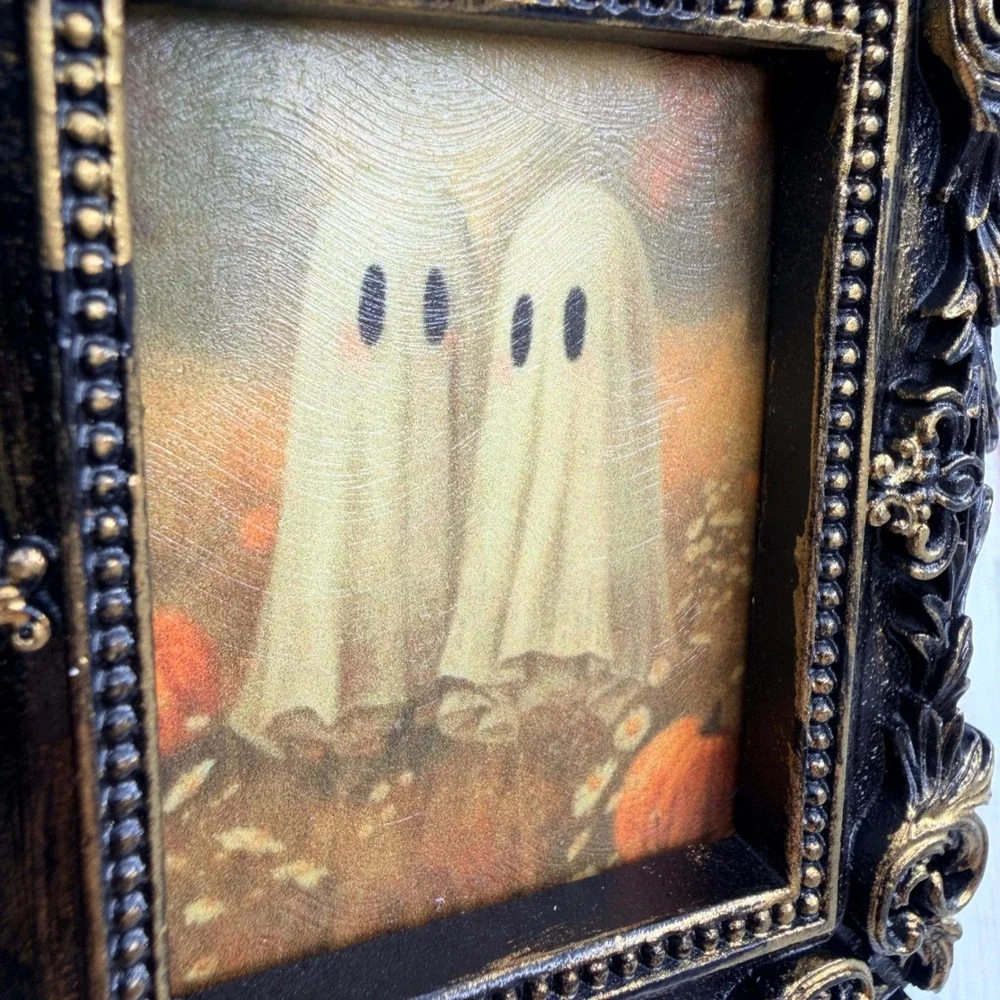 Handmade Ghost Decoupage Print Ornate Gold Black Resin Frame Halloween Decor